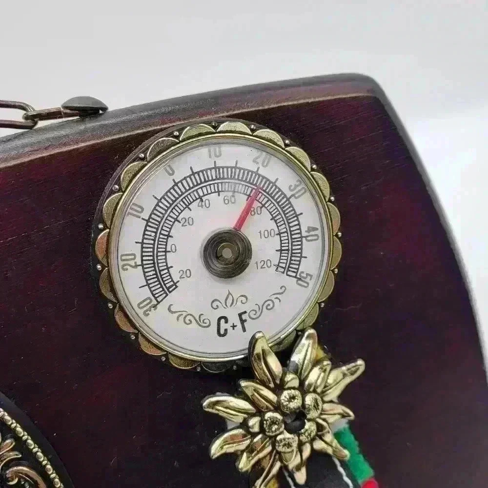 Vintage Wall Plaque Key Holder Wood With Round Picture,Bell,Thermometer 2 Hooks - Picture 2 of 13